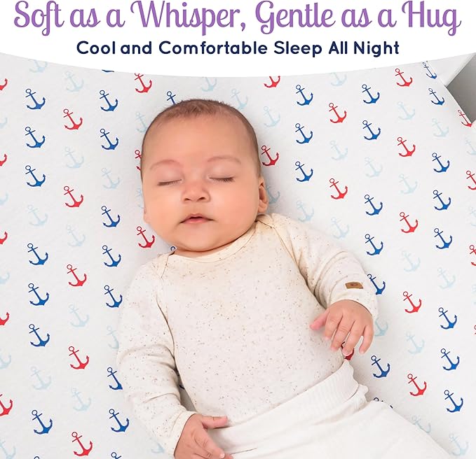 GROW WILD Nautical & Ships Baby Crib Sheets for Boys (3 Pack) - Jersey Knit Fitted Sheet (52" x 28"), Toddler Bedding Set & Baby Boy Crib Bedding Set, Anchors and Ships with Stripes