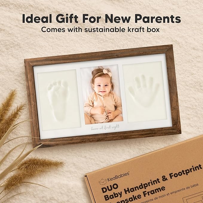 Baby Hand and Footprint Kit - Clay Handprint Keepsake Frame, Newborn Nursery Picture Frame, Personalized New Mom Gifts for Baby Shower & Registry (Medium Oak)
