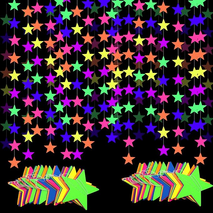 108feet UV Neon Paper Star Garland Glow in The Dark Streamers for neon Party Supplies UV Fluorescent Reactive Paper Star Banner for Wedding Birthday Glow in The Dark Party Favors Neon Party Decor…