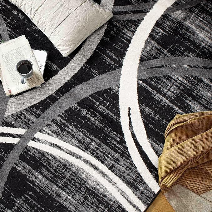 Rugshop Modern Wavy Circles Design Area Rug 7'10" x 10'2" Black