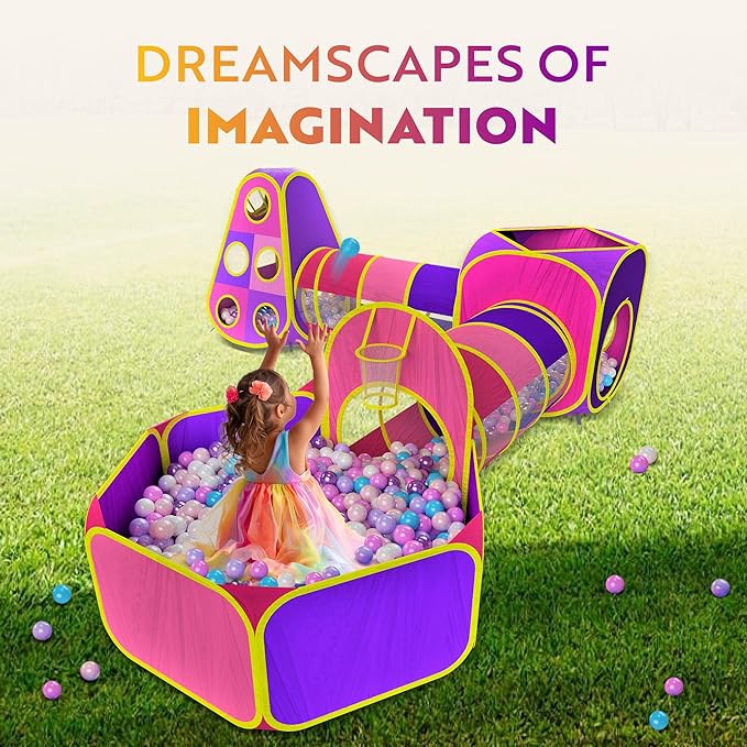 Playz 5pc Kids' Play Tents & Tunnels - Ball Pit for Toddlers, Basketball Hoop, Crawling Tubes, Pop-Up Playhouses, Baby Obstacle Course for Indoor or Outdoor Use