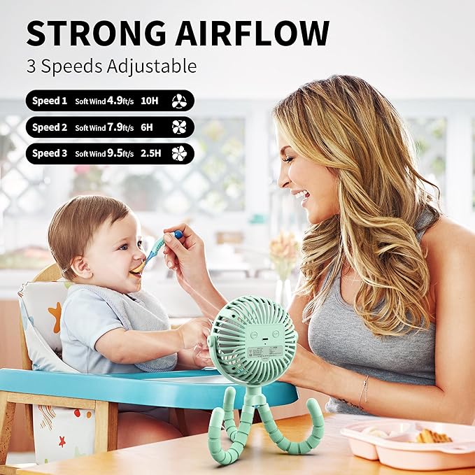 AMACOOL Battery Operated Stroller Fan Flexible Tripod Clip On Fan with 3 Speeds and Rotatable Handheld Personal Fans for Car Seat Crib Bike Treadmill (Green)