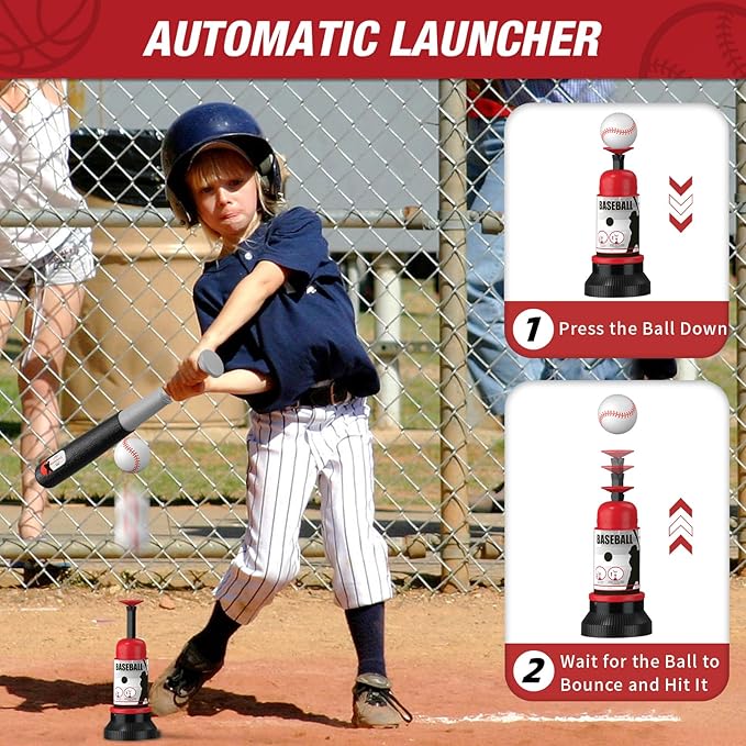 4 in 1 Kids Basketball Hoop and Tball Set for Toddlers 3-5, Basketball Goal with Scoreboard & LED, Hanging Tee Ball Stand with Baseball Pitching Machine, Indoor Outdoor Sport Toys for Boys 4-8