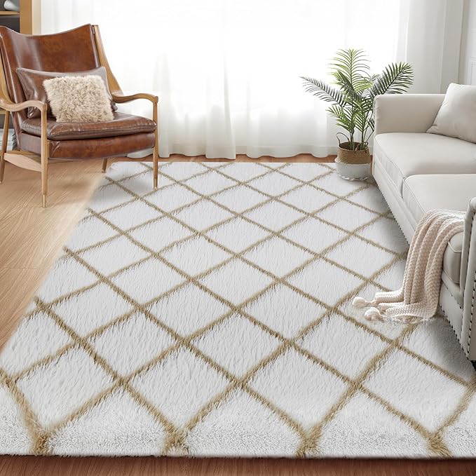 Fluffy Rug for Bedroom, 8X10Feet Stripe Checkered Rug Anti-Skid High Pile for Living Room Bedroom Kids Room Nursery, Dorm Home Decor
