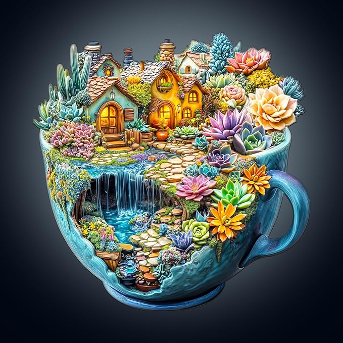 WOODBESTS Wooden Puzzles for Adults, Succulent Mug Wood Puzzles Adult(190 Pieces, M, 11.4 * 11.3in), Unique Shape Wooden Animal Jigsaw Puzzles, Birthday Gifts for Adults Family Game