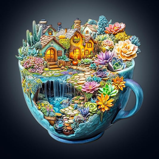 WOODBESTS Wooden Puzzles for Adults, Succulent Mug Wood Puzzles Adult(190 Pieces, M, 11.4 * 11.3in), Unique Shape Wooden Animal Jigsaw Puzzles, Birthday Gifts for Adults Family Game