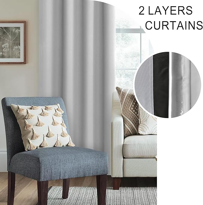 XWZO 100% Blackout Curtains with Tiebacks- 2 Thick Layers Completely Shaded Window Treatment Thermal Insulated Lined Drapes for Bedroom/Laundry, Rod Pocket, Light Grey, W52 x L84, Set of 2 Panels