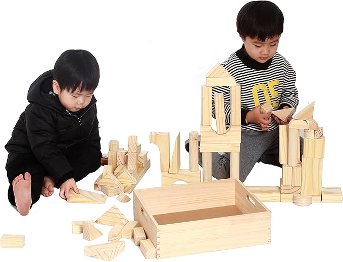 Standard Unit Building Blocks for Toddlers with Storage Tray (64 Pcs) Sanded Wood Blocks for Children, Original STEAM, and STEM Learning, Classic Wooden Toys for Kids Parties and Classrooms