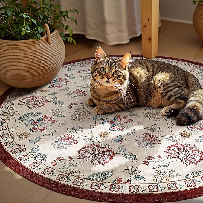 jinchan 6ft Floral Round Rug for Dining Room Washable Living Room Rug Vintage Romance Design Non Slip Indoor Floor Cover Lightweight Low-Profile Throw Carpet for Bedroom Porch Patio, Red/Beige