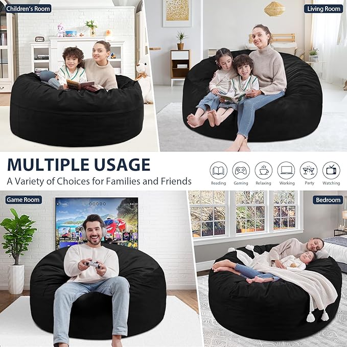 3FT Bean Bag Chair, Comfy Bean Bag Chairs with Memory Foam Filled, Fluffy Beanbag Sofa with Dutch Velvet Cover, Round BeanBag Chairs for Living Room, Playroom - Black