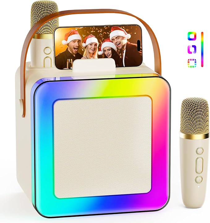 Karaoke Machine for Kids Adults, Portable Bluetooth Karaoke Speaker with 2 Wireless Microphones, Karaoke System with Mics Storage Hole and Lights, Birthday Gifts for Girls Boys Family Home Party