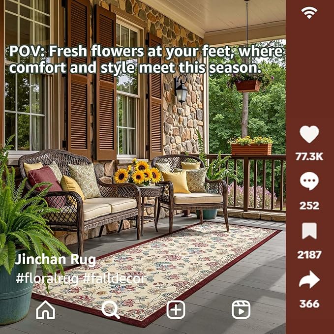 jinchan 2x5 Floral Runner Rug for Hallway Washable Kitchen Runner Vintage Romance Design Non Slip Thin Indoor Floor Cover Low-Profile Throw Carpet for Entryway Bathroom Bedroom Porch, Red/Beige