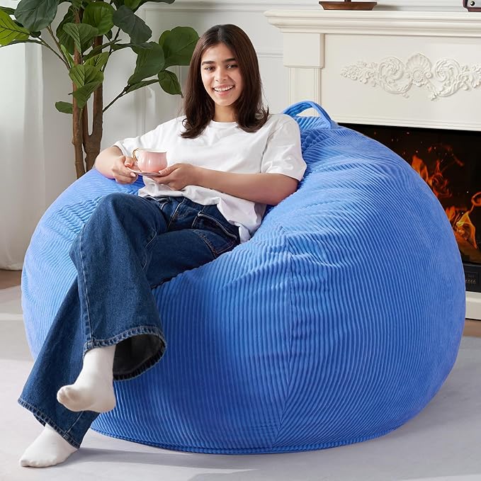 Homguava 3.5FT Bean Bag Chair: Teardrop Bean Bags with Memory Foam Filled, Compact Beanbag Chairs Soft Sofa with Corduroy Cover (Blue)
