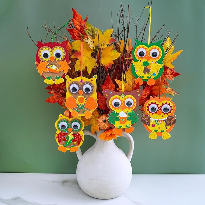 Winlyn Fall Craft Kits DIY Fall Owl Ornaments Decorations 24 Individually Packaged Art Sets Kids Crafts Foam Owl Pumpkin Fall Leaf Stickers for Kids Autumn Thanksgiving Halloween Classroom Activities