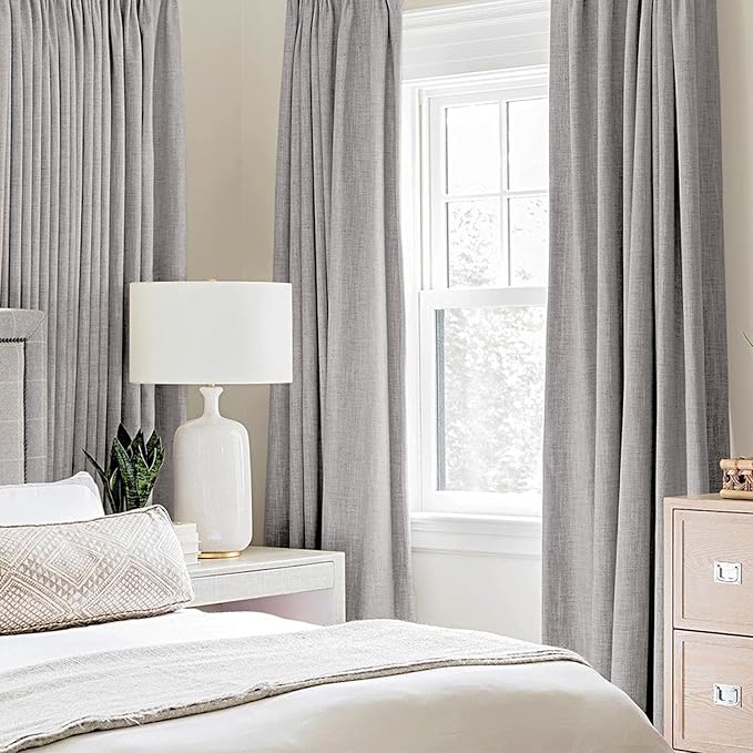 MIULEE Linen Texture 90 Inches Curtains for Bedroom 100% Blackout Thermal Insulated Greyish White Curtains Grommet Room Darkening Drapes for Living Room Nursery 52x90 Inch (2 Panels)