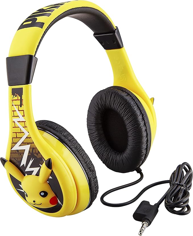 Pokemon Pikachu Wired Kids Headphones, Adjustable, Stereo Sound, 3.5Mm Jack, Tangle-Free, Volume Control, Children's Headband On Ear for School Home, Travel