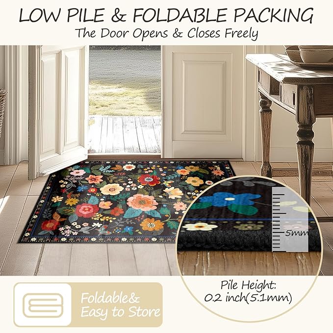 Floral 9x12 Area Rug Machine Washable Soft Print Boho Carpet Non Slip Doormat Low Pile Flower Area Rugs for Living Room Bedroom Nursery Kitchen Dining Room Indoor-Black