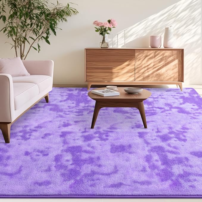 Kimicole 6x9 Washable Area Rugs for Living Room Bedroom, Large Low Pile Ulta-Thin Solid Color Rug, Non-Slip Soft Fluffy Carpet for Nursery Kids Room Dorm Room Home Decor (Purple)