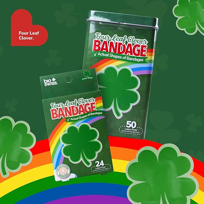 BioSwiss Bandages, 4 Leaf Clover Shaped Self Adhesive Bandage, Latex Free Wound Care, Fun First Aid Kit Supplies for Kids and Adults, 50 Count
