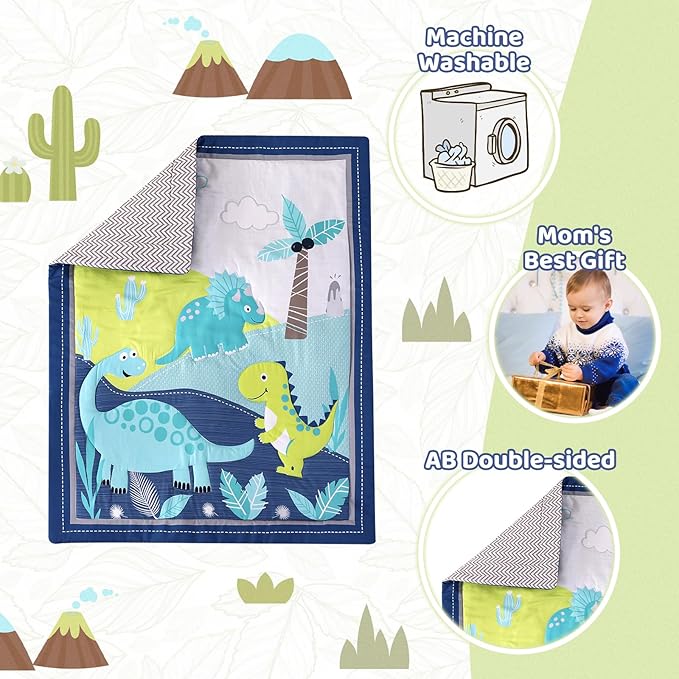 Wowelife Dinosaur Crib Bedding Set for Boys Blue, Premium 3-Piece Baby Bedding Set, Nursery Crib Set, Newborn, Infant & Toddler Nursery Bed Set, Blue Dinosaur