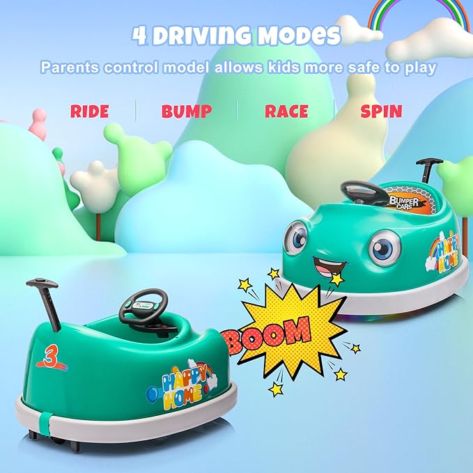 12V Dual Battery Electric Ride on Kids Bumper Car w/Remote Control,360 Degree Spin,Push Rod Rocker Horse Function,3-Speeds Babies & Toddlers Bumping Car Ride on Toy Gift for 1-4 Years Children（Green）