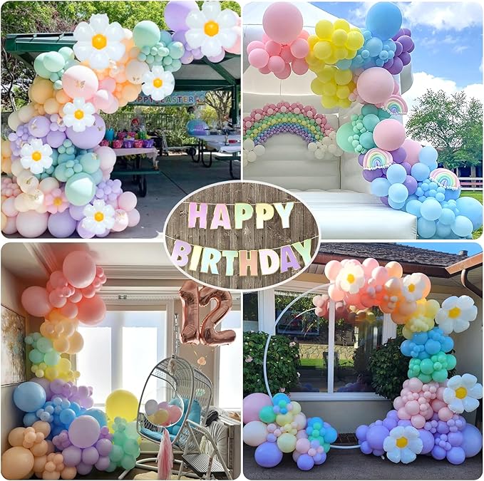 Pastel Balloon Garland Kit - 219pcs, Different Sizes 18, 10, 5 Inch Pastel Rainbow & Daisy Balloons for First Birthday Girl Baby Shower Party Arch