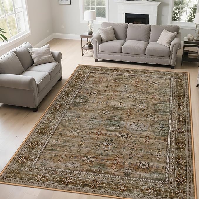 8x10 Washable Area Rug for Living Room, Non Slip Vintage Floral Print Rugs No Shedding, Distressed Thin Retro Accent Carpet for Bedroom Nursery Farmhouse Dining Room Olive/Charcoal