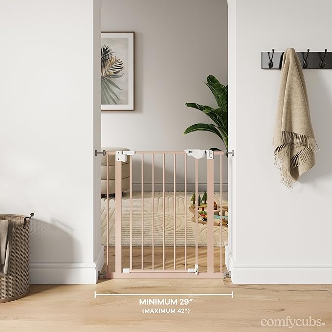 Comfy Cubs Baby Safety Gate with 3 Extensions - Adjustable 42" x 1.9" x 30" Q195 Steel Doorway Barrier - Powder-Coated Finish for Stairs and Doorways - Walk-Through Design Pet Gate - Blush