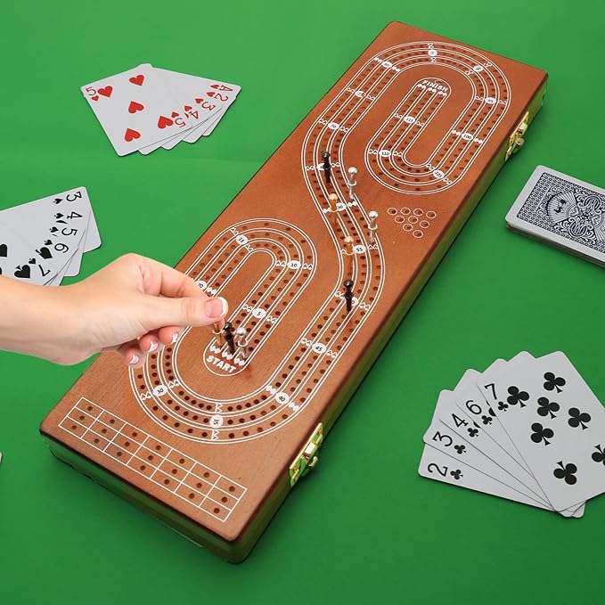 Cribbage Board Game Set 3 Tracks, Plusvivo Solid Oak Wood Cribbage Boards Unique with 9 Metal Pegs & 2 Storage Area, 15.5 X 4.9 X 1.2 in Travel Portable Cribbage Game Sets for Family