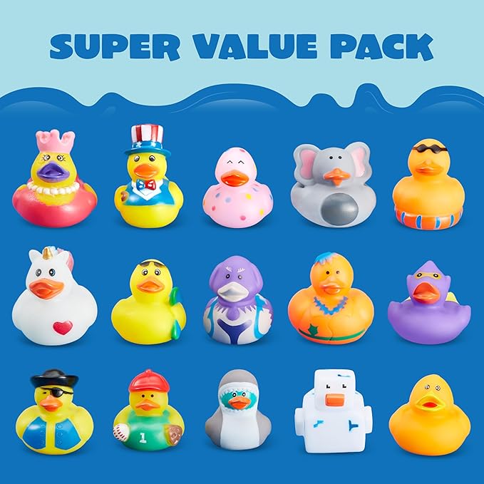 JOYIN 15 Pcs Rubber Ducks, Random Assortment Ducks Bulk with Mesh Carry Bag, Mini Rubber Duckies for Baby Bath Toys, Kids Toddler Summer Pool Toys Birthday Gifts Party Favors