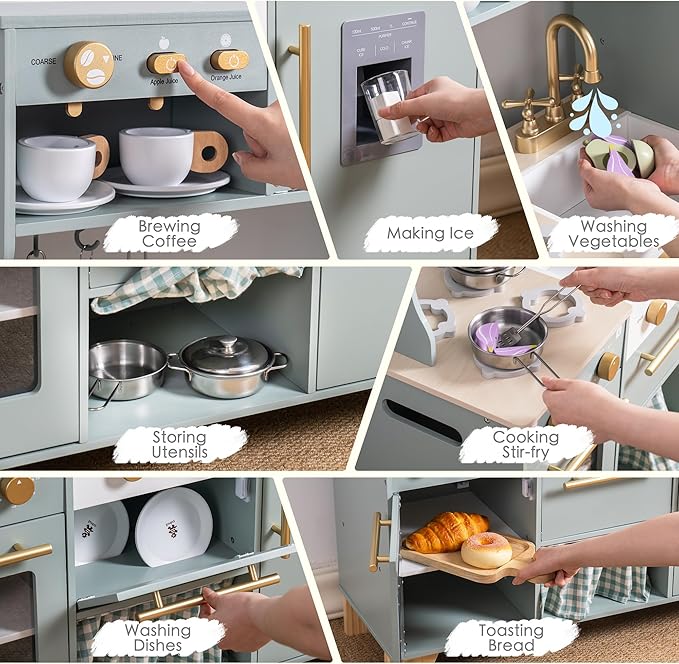 ROBOTIME Play Kitchen for Kids Toddlers, Wooden Pretend Play Kitchen Set Toy with Fridge, Ice Maker, Coffee Maker, Toys Kitchen Gift for 3+ Year Old Kids, Girls & Boys