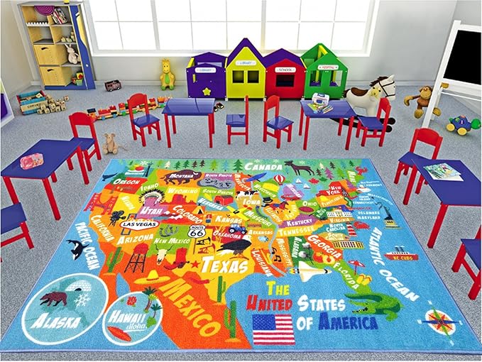 KC Cubs 3x5 USA United States Map Toy Car Road Rug – Educational Play Mat Carpet for Kids, Toddlers, Nursery, Classroom, Playroom, Baby Daycare