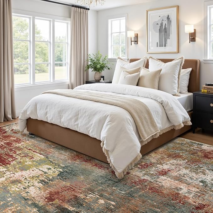 Washable Area Rugs 6'x9' Non-Slip Modern Abstract Soft for Living Room Entryway Bedroom Nursery, Print Pattern, Brown Rust Red Multi
