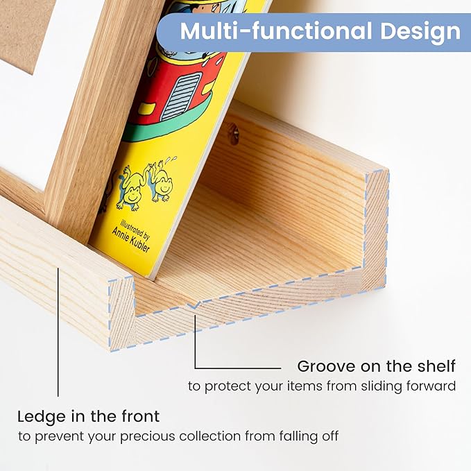 Pine Wood Nursery Book Shelves 3 Pack, Floating Ledge Shelves for Kids' Room, Bedroom, Bathroom, Long Floating Shelves for Wall, Natural