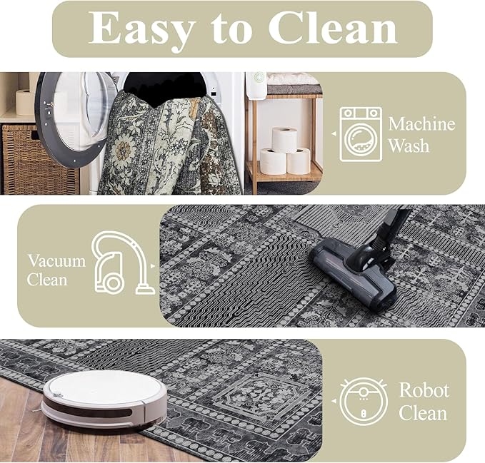 9x12 Area Rug Living Room Rugs, Stain Resistant Washable Rug, Vintage Large Non-Slip Backing, Low Pile Lightweight Print Rug for Bedroom Dinning Room Home Office (Grey)