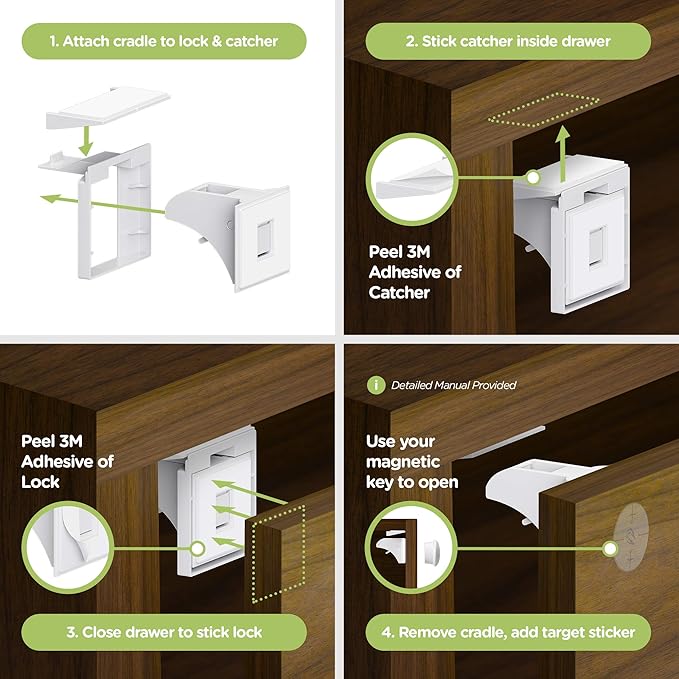 SKYLA HOMES Magnetic Cabinet Locks Baby Proofing Child Safety - The Safest Quickest and Easiest Multi-Purpose 3M Adhesive Child Proof Latches, No Screws or Tools Needed (20 Pack)