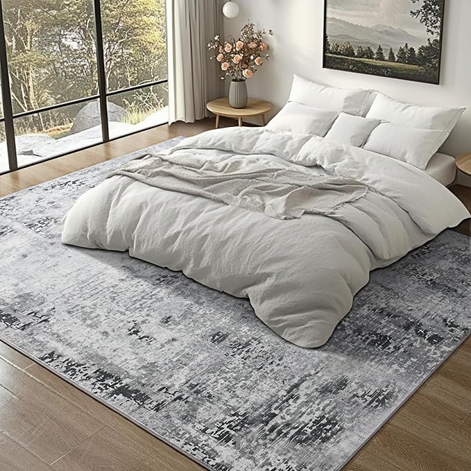 Kelarea Living Room Rug 8x10 Grey Rug Machine Washable Large Area Rugs, Non Slip Abstract Vintage Indoor Carpet for Bedroom, Nursery, Classroom, Dining Room, Home Office