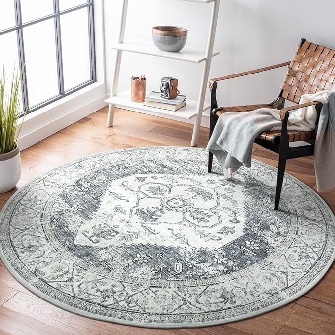 Lahome Boho Round Rugs - 4Ft Washable Non-Slip Small Round Area Rug for Bedroom Grey Lightweight Round Throw Rug, Oriental Distressed Print Indoor Circle Rugs for Bedroom Entryway Bathroom Kitchen