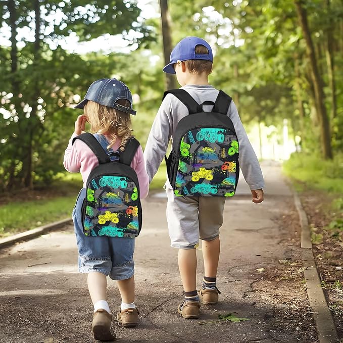 Toddler Monster Truck Backpack - Waterproof Mini Bag for Boys/Girls, Cute Small Kindergarten Pre-School Backpack (S)