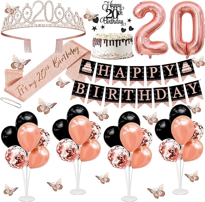 20th Birthday Decorations for Girls Women - 56pcs Rose Gold Happy 20th Banner, 20th Birthday Crown Sash, Cake Topper, Number 20 balloons, 3D Butterflies, 4 Balloon Stands kits