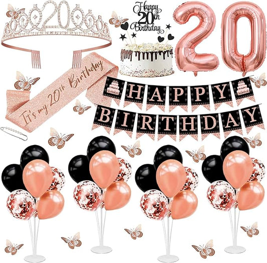 20th Birthday Decorations for Girls Women - 56pcs Rose Gold Happy 20th Banner, 20th Birthday Crown Sash, Cake Topper, Number 20 balloons, 3D Butterflies, 4 Balloon Stands kits