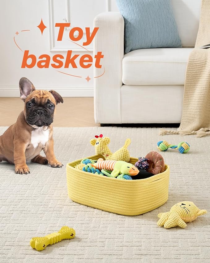 KALLAX Small Woven Basket, 13.5 x 9.5 x 5 Inches, Storage Basket for Organizing, Cute Small Rope Shelf Closet Cube Storage Bins Baskets for Shelves, Dog Toy Gift Baskets Empty, 3 Pack Yellow