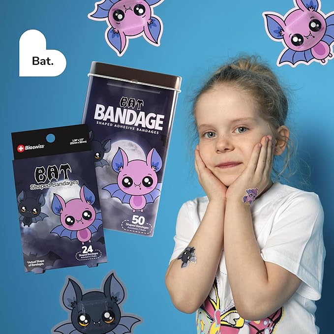 BioSwiss Bandages, Halloween Bat Shaped Self Adhesive Bandage, Latex Free Sterile Wound Care, Fun First Aid Kit Supplies for Kids, 24 Count