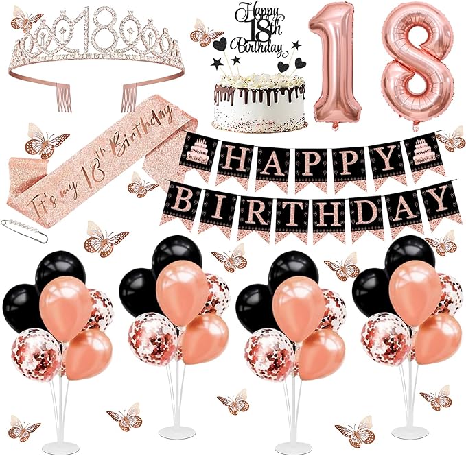 18th Birthday Decorations for Girls Women - 56pcs Rose Gold Happy 18th Banner, 18th Birthday Crown Sash, Cake Topper, Number 40 balloons, 3D Butterflies, 4 Balloon Stands kits