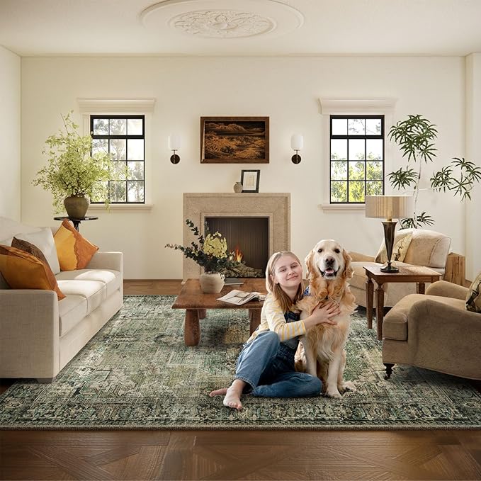 10x14 Area Rugs for Living Room: Washable Bedroom Rug Boho Vintage Rugs Stain Resistant Non Slip Low Pile Soft Lightweight Carpet for Kitchen Dining Room Farmhouse Nursery Kids Room