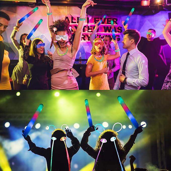 272 PCs Glow Party Supplies, 24 Foam Glow Sticks, 24 LED Glasses and 200 Glow Sticks ＆ Bracelets, 12 Glow sticks headband 12 Fiber Optic Hair Light，Glow Neon Party Favors for Wedding, Concert, Raves