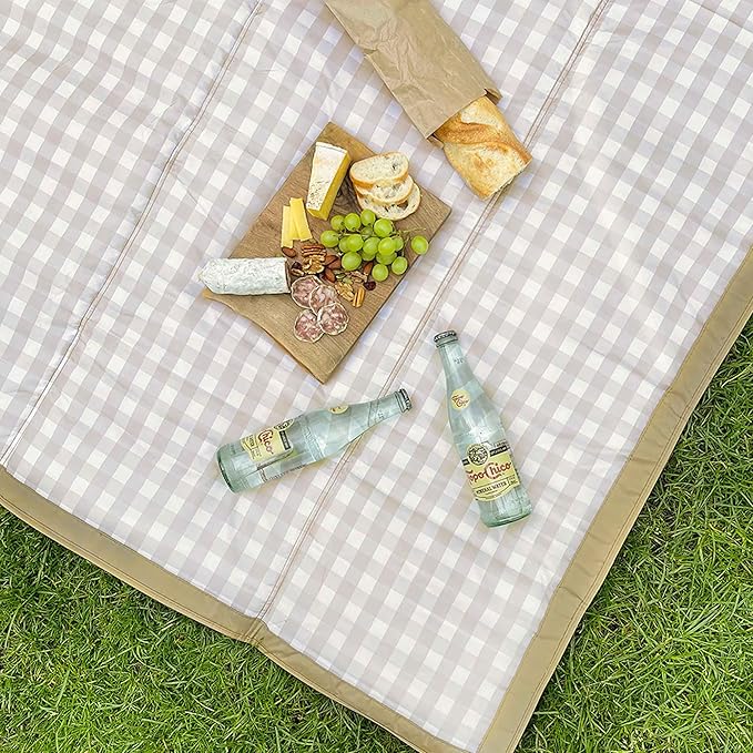 Little Unicorn 5'x7' Outdoor Family Picnic & Beach Blanket | Durable & Water-Resistant Fabric | Compact Fold & Easily Wipes Clean | Zipper Pocket (Beige Buffalo Check)