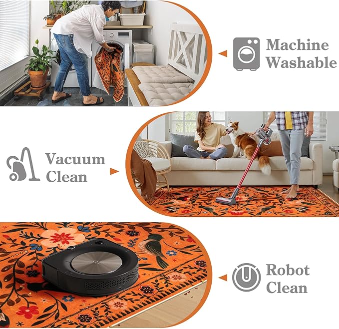 Moynesa Boho Area Rugs 9x12 Living Room, Machine Washable Ultra Thin Soft Bedroom Rug, Indoor Bird Floral Pattern Print Large Orange Carpet for Hardfloor Dining Room Under Table Playroom