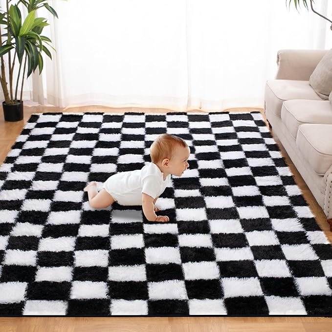 Super Soft Rug for Bedroom, 3x5 Ft Black and White Area Rug Classic Checkered Shaggy Anti-Skid High Pile Soft Fluffy Rug Fuzzy Carpet for Living Room Bedroom Kids Room Nursery, Dorm Home Decor