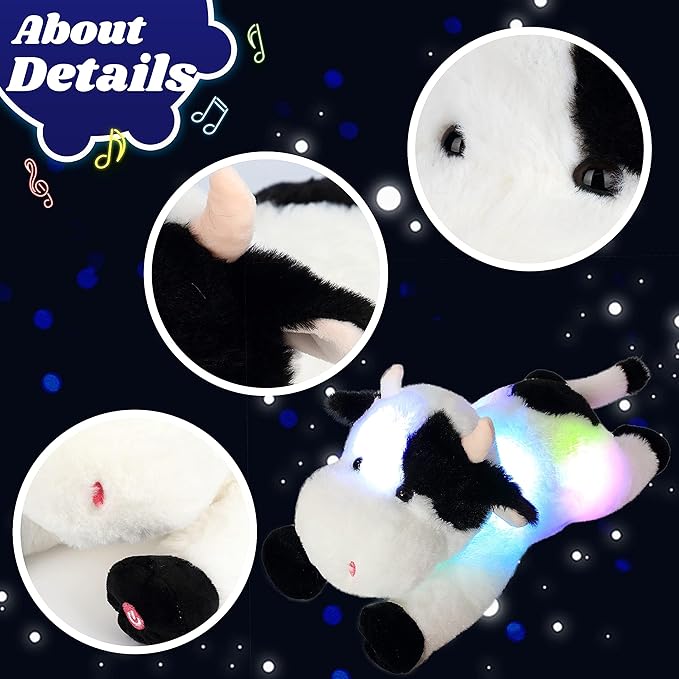 Cuteoy Glowing LED Cow Light-up Nightlight Toys Musical Plush Stuffed Animal Soft Singing Lullabies Birthday Christmas Plushies Gifts for Kids Boys Girls,15.5"